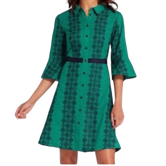 DRAPER JAMES Floral Embroidered Honeycomb Shirt Dress in Green/Blue Size 12 - Picture 1 of 10